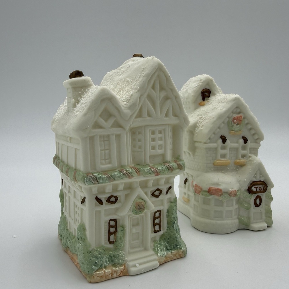 Vtg Carlton Cards Village Houses Figure Holiday Decor Church Cottagecore Cream - Picture 2 of 16